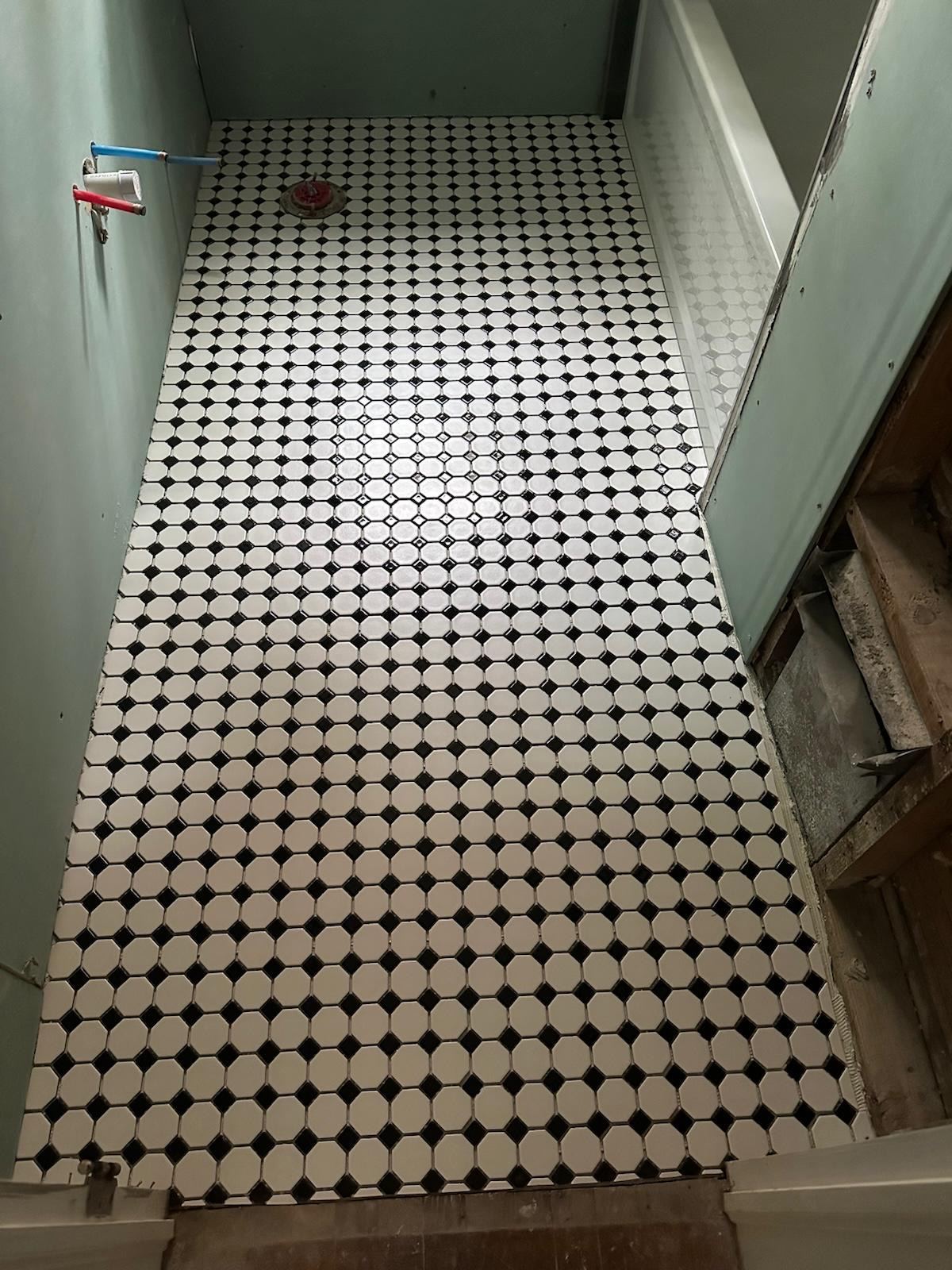 Classic black and white octagon mosaic bathroom floor